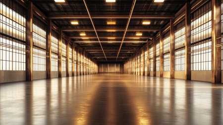 A stunning view of an empty industrial warehouse showcasing modern architecture. The spacious interior features dramatic lighting and sleek flooring.の素材