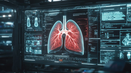 A high-tech visualization of human lung anatomy displayed on a digital screen. This image represents advanced medical research and respiratory health monitoring.の素材