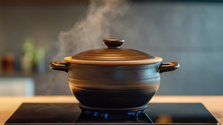A stylish pot emits steam on a modern kitchen stove, inviting feelings of warmth and comfort. Perfect for culinary enthusiasts and food lovers.の素材