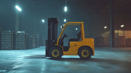 A yellow forklift parked in an industrial warehouse, showcasing its transport capabilities among stacked pallets. Ideal for logistics and machinery themes.の素材