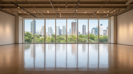 Bright gallery space featuring large windows with an urban skyline view. The empty interior offers a serene environment perfect for exhibitions or creative activities.の素材