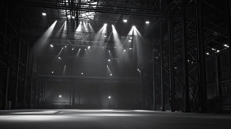 A striking view of an empty industrial space illuminated by dramatic beams of light, enhancing the depth and architectural features of the venue.の素材