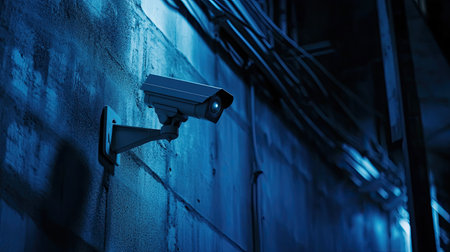 A surveillance camera installed on a wall in a dimly lit environment, showcasing modern security technology. The blue light adds a moody atmosphere.の素材