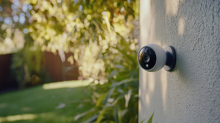 A modern security camera mounted on a garden wall, showcasing innovative technology in a serene outdoor environment, enhancing home safety and monitoring.の素材