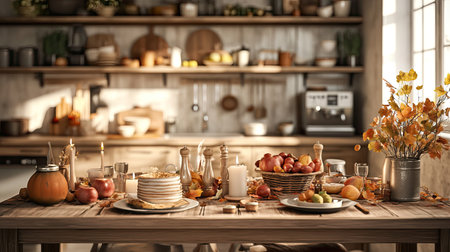 A beautifully arranged autumn kitchen table filled with fresh produce, candles, and seasonal decor. Perfect for capturing cozy and inviting moments.の素材