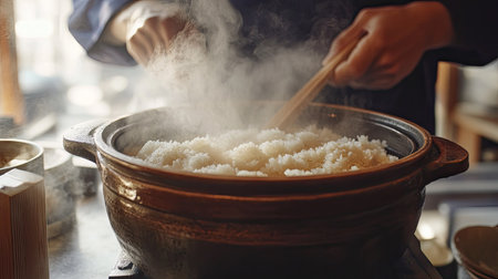 A closeup of a chef cooking rice in a traditional pot, steam rising from the soft grains. This vibrant scene showcases the culinary process and the art of cooking.の素材