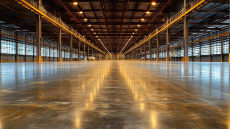 A vast and empty industrial warehouse interior showcasing polished concrete floors and vertical beams, illuminated by warm lighting, perfect for storage.の素材