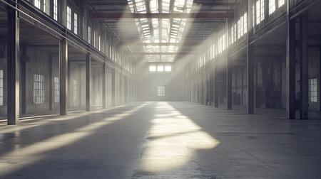 A bright industrial space featuring beams of sunlight streaming through tall windows. The calm atmosphere creates a serene backdrop for any creative project.の素材