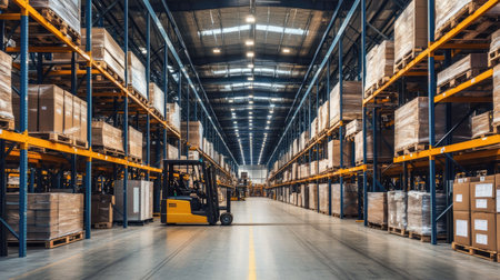 A yellow forklift moves through a spacious warehouse, surrounded by neatly stacked boxes and pallets, showcasing logistics operations in an industrial setting.の素材