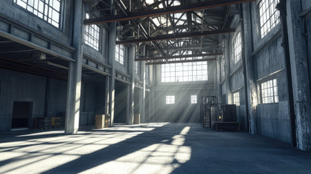 A spacious industrial warehouse featuring strong beams of light streaming through large windows, creating captivating shadows and a serene atmosphere.の素材