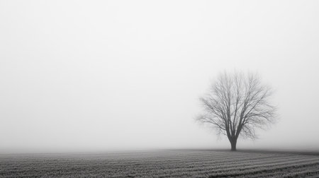 A solitary tree stands in a vast, foggy field, capturing the essence of solitude and tranquility in nature. Ideal for serene landscape imagery.の素材
