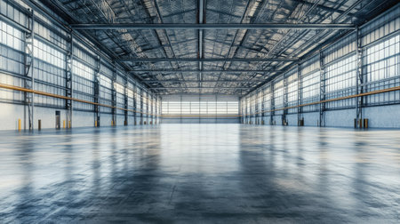 A stunning view of a spacious industrial warehouse interior. This image showcases a bright, empty space with high ceilings, large windows, and polished concrete floors, perfect for storage or professional use.の素材