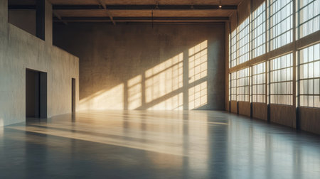 Bright industrial space featuring large windows casting striking shadows and sunlight on a smooth floor, ideal for creative projects or events.の素材
