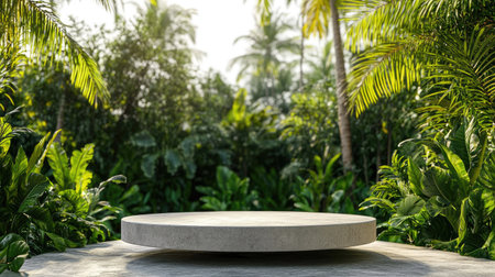 A tranquil garden scene featuring a circular stone platform surrounded by lush greenery, perfect for relaxation or meditation in a serene outdoor atmosphere.の素材