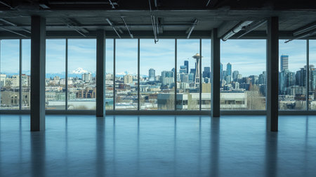 Spacious modern office space featuring large windows with a stunning view of the Seattle skyline and mountains, perfect for a productive work environment.の素材