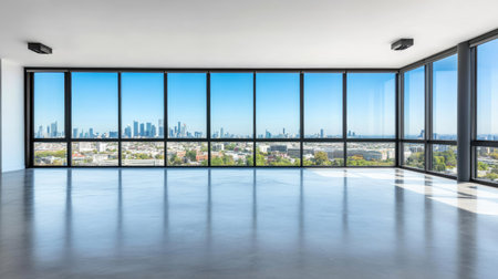 Bright and modern empty interior space featuring large windows that showcase a stunning city skyline. Ideal for showcasing real estate potential.の素材