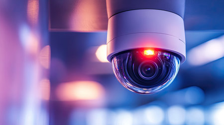This image features a modern security camera with a red indicator light, perfect for illustrating concepts of surveillance and safety in various environments.の素材
