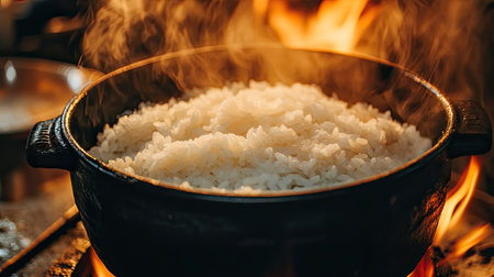 A closeup of steaming rice in a pot, simmering over an open flame. The warm atmosphere highlights culinary preparation in a busy kitchen setting.の素材