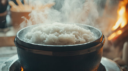 A traditional pot filled with steaming rice over an open flame, showcasing the natural cooking process and the rich aroma of a home-cooked meal.の素材