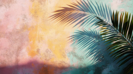 This image features a striking interplay of shadows from a palm leaf on a vibrant, color-washed wall. Ideal for designs that emphasize warmth and nature.の素材