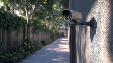 A modern outdoor security camera mounted on a wall in a tranquil neighborhood setting, ensuring safety and surveillance for residential areas.の素材