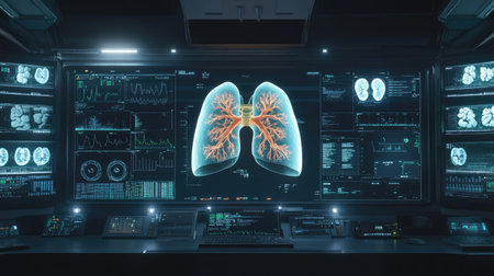 High-tech visualization of lung anatomy displayed on advanced monitor setup. Ideal for educational and medical research purposes, showcasing digital innovations.の素材