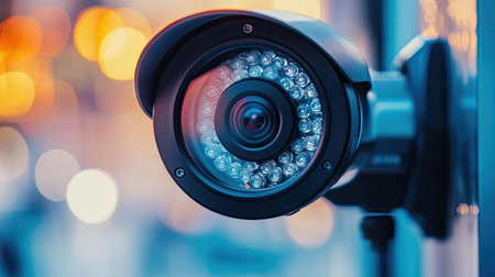 Close-up view of a modern security camera in an urban setting. The device emphasizes advanced technology and surveillance capabilities for safety.の素材