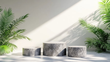 A modern indoor scene featuring three round stone tables accented by lush green plants. The interplay of light and shadow creates a serene, minimalist atmosphere.の素材