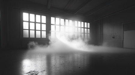 This image showcases a serene atmosphere with fog and soft light filtering through large windows, creating a mysterious and tranquil ambiance in a minimalistic space.の素材