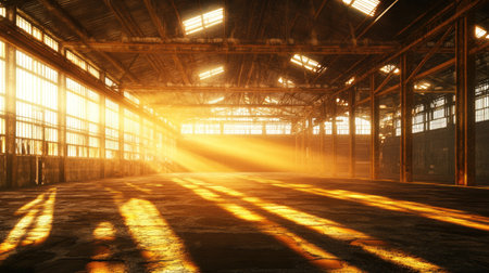 A stunning view of sunlight pouring through the windows of an abandoned warehouse, casting dramatic beams and shadows across the empty space, evoking a sense of nostalgia and serenity.の素材