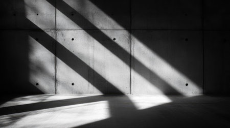 Abstract play of shadows across a concrete wall, showcasing minimalistic design and stark contrasts. Ideal for themes of modern architecture and simplicity.の素材