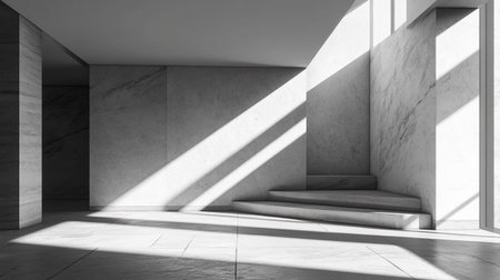 A striking minimalist interior featuring dramatic light and shadows. The elegant marble walls and floors create a serene atmosphere, perfect for modern design inspiration.の素材