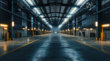 Spacious industrial warehouse interior featuring bright lights and clean flooring. The modern design emphasizes symmetry and an open atmosphere, ideal for various commercial uses.の素材