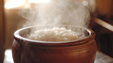 A steaming bowl of rice in a traditional clay pot, showcasing the warmth and comfort of home-cooked meals. Perfect for culinary and food-related themes.の素材
