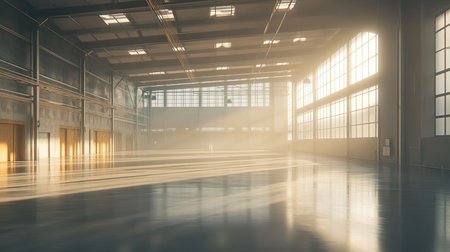 A serene and spacious industrial interior bathed in soft sunlight, showcasing dramatic shadows on a polished floor. Perfect for backdrop or design themes.の素材
