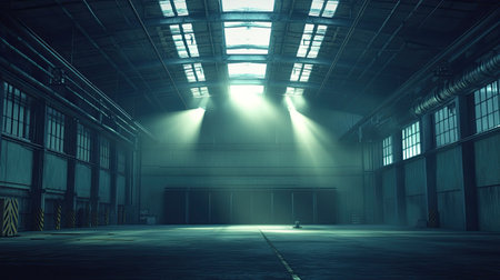 A serene and spacious industrial warehouse featuring beams of light streaming through large windows, casting dramatic shadows on the concrete floor.の素材