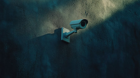 A sleek surveillance camera mounted on a textured wall captures attention with its modern design. Dim light enhances its vigilant presence, ensuring security.の素材