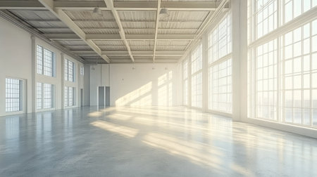 A bright and spacious modern interior showcasing large windows that allow natural light to create an inviting and serene environment. Ideal for creative projects.の素材