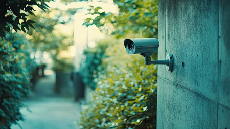 A wall-mounted security camera overlooks a lush green pathway, showcasing the blend of technology and nature in urban settings for enhanced safety.の素材