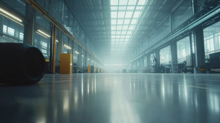 A wide shot of an empty industrial warehouse showcasing modern design elements, bright lighting, and a spacious interior ideal for various operations.の素材