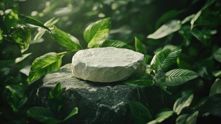 A serene stone resting on a vibrant green background of leaves, showcasing nature's beauty. Perfect for themes of tranquility and natural aesthetics.の素材