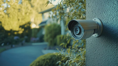 A close-up of an outdoor security camera mounted on a wall, providing monitoring capabilities for residential properties. The camera enhances safety and surveillance in a peaceful neighborhood setting.の素材