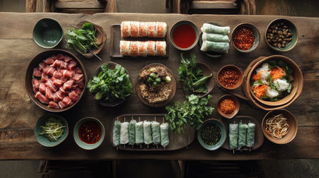 A vibrant display of fresh Vietnamese cuisine featuring rolls, herbs, meats, and sauces on a rustic wooden table, perfect for casual dining or gatherings.の素材