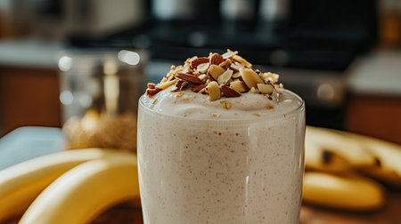 This vibrant banana smoothie topped with crunchy almonds offers a refreshing and nutritious treat. Perfect for breakfast or a snack, it embodies healthy living.の素材