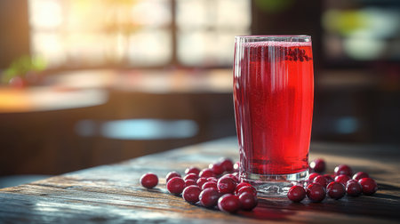 A vibrant red beverage served in a tall glass, surrounded by fresh berries. The scene captures a refreshing drink in a cozy, sunlit setting, perfect for gatherings.の素材