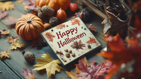 A charming autumn scene featuring a "Happy Halloween" sign surrounded by pumpkins, colorful leaves, and pine cones, perfect for seasonal decoration.の素材