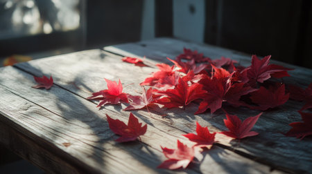 A serene arrangement of vibrant red autumn leaves scattered on a rustic wooden table. The warm sunlight casts gentle shadows, enhancing the natural beauty of the scene.の素材