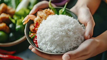 A pair of hands holds a bowl of freshly cooked rice accompanied by colorful vegetables and spices, showcasing a vibrant, healthy meal.の素材