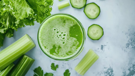 Fresh green juice made with cucumbers, celery, and lettuce offers a nutritious, refreshing drink. Ideal for health enthusiasts looking to boost energy.の素材