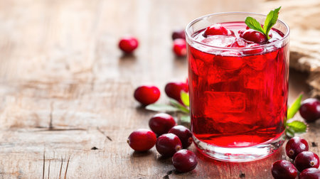 A vibrant cranberry drink served in a clear glass, filled with ice and garnished with mint leaves. Ideal for summer gatherings and refreshing moments.の素材